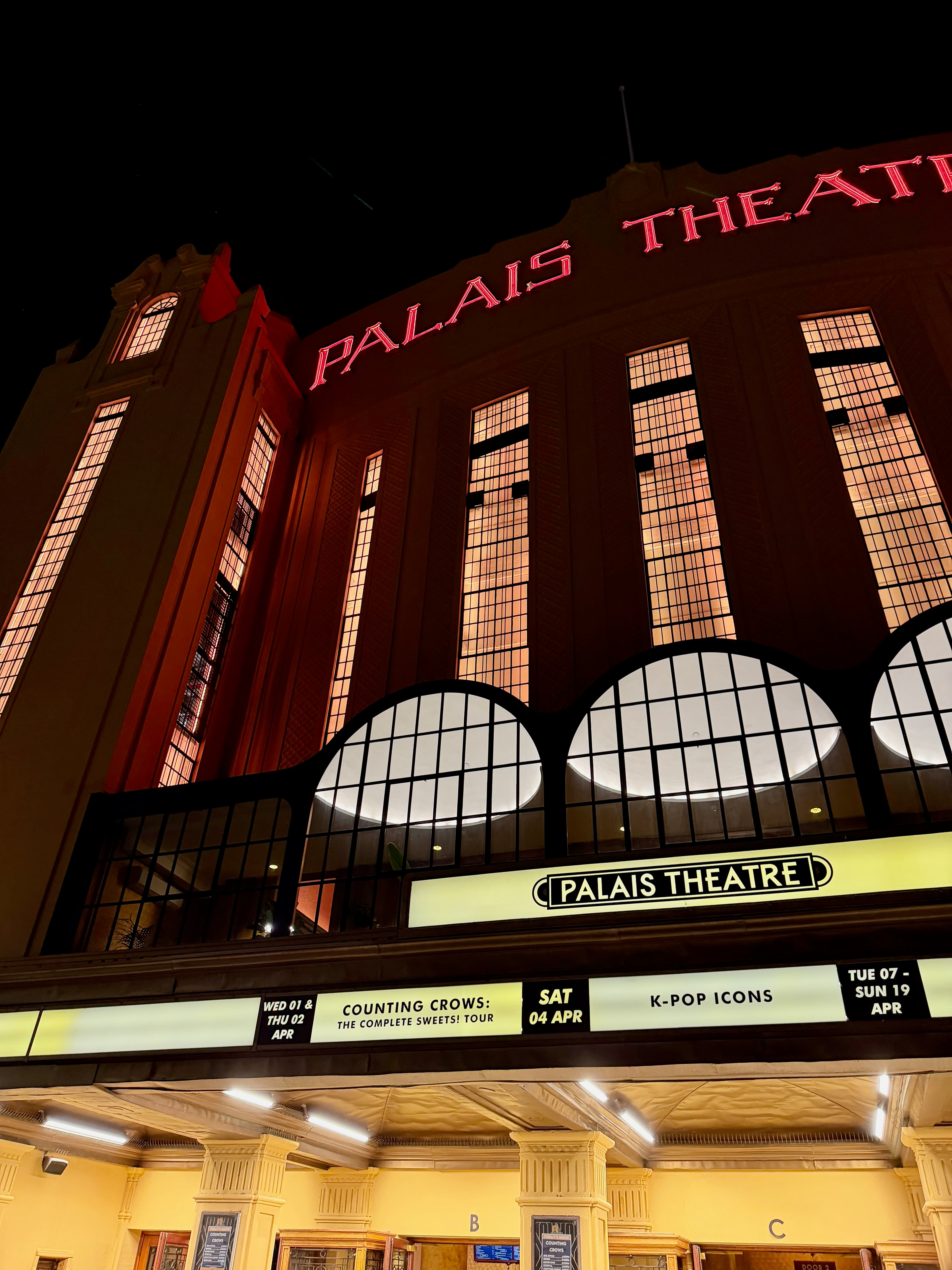 Palais Theatre facade lit up at night in St Kilda, Melbourne